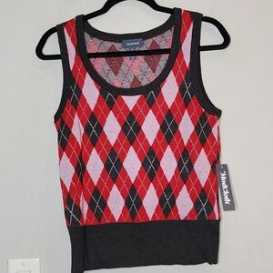 NWT Modcloth Red Purple Grey Silver Metallic Argyle Sweater Vest Medium Preppy